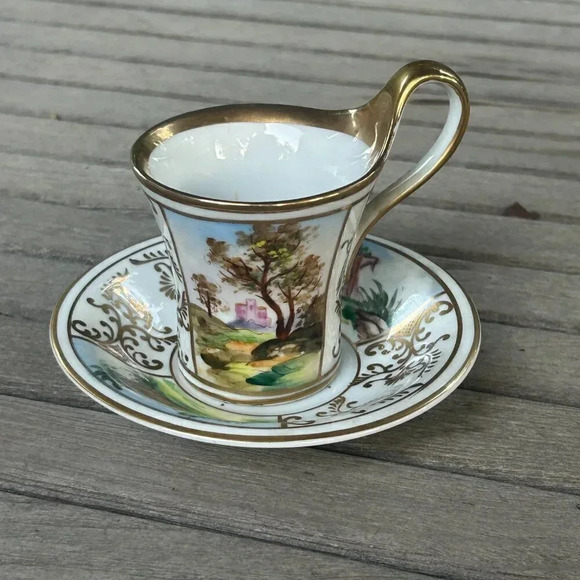 Vintage Hand Painted Porcelain Landscape Cup and Saucer Gold Trim - Picture 10 of 10